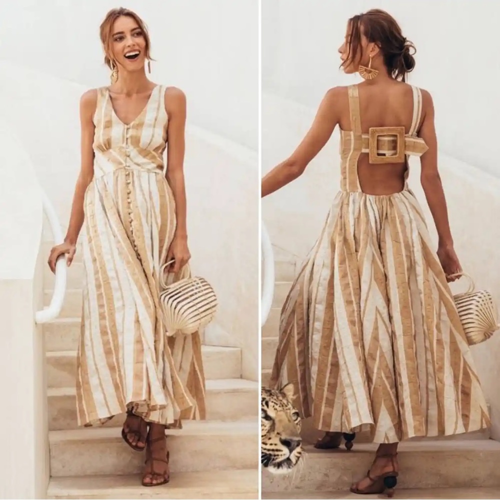 cult gaia angela striped linen open back ratan buckle midi summer sun dress